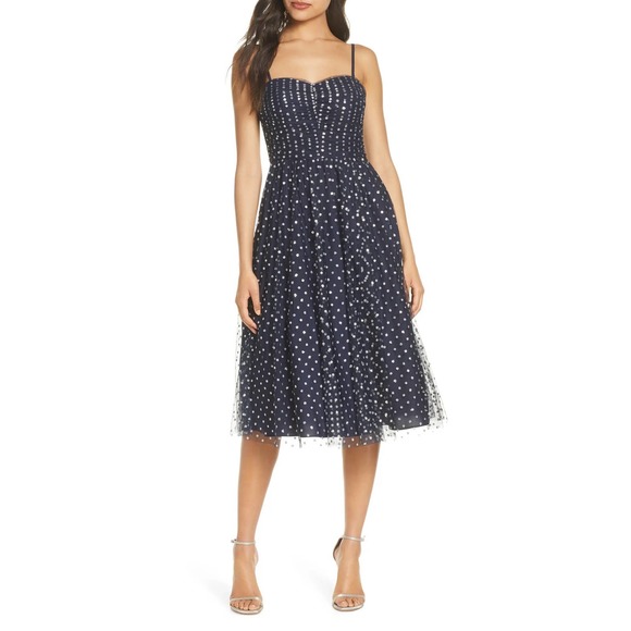 Eliza J Navy Glitter Mesh Fit & Flare Sweetheart Cocktail Dress Size 2 NWT - Picture 1 of 16